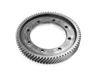 Photo of New stainless steel gear on white background