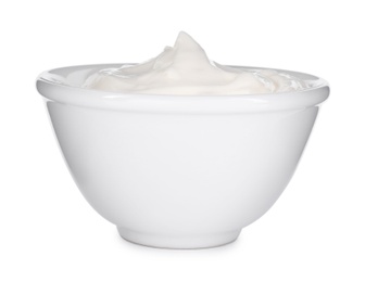 Bowl with sour cream isolated on white