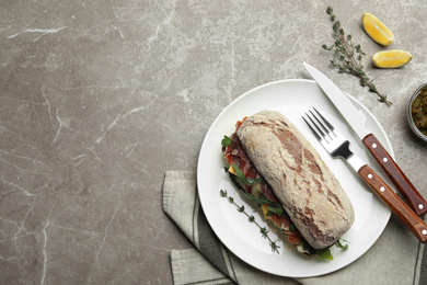 Photo of Flat lay composition with delicious sandwich on marble table. Space for text