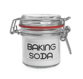 Closed jar of baking soda isolated on white
