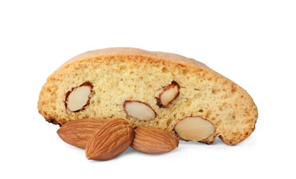 Photo of Slice of tasty cantucci and nuts on white background. Traditional Italian almond biscuits