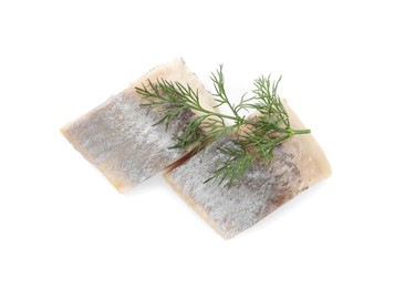Delicious salted herring slices with dill on white background, top view
