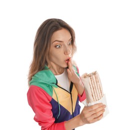 Photo of Emotional woman with delicious shawarma on white background