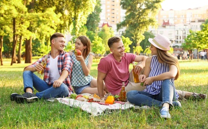 Young people enjoying picnic in park on summer day