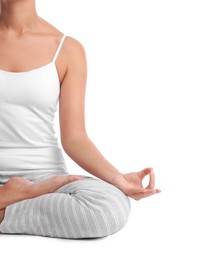 African-American woman meditating on white background, closeup