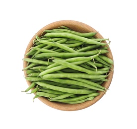 Fresh green beans in wooden bowl isolated on white, top view