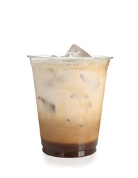 Takeaway plastic cup with cold coffee drink isolated on white