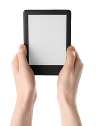 Woman using e-book reader on white background, closeup