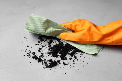 Woman in glove sweeping scattered coffee grounds with paper towel from light table, closeup