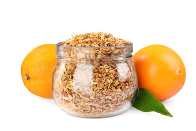 Photo of Jar of dried orange zest seasoning and fresh fruits isolated on white