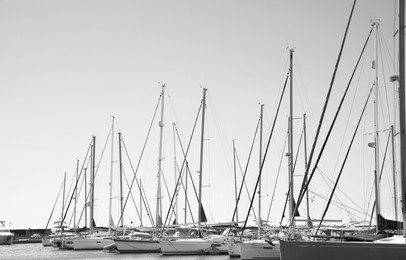 Modern boats near pier. Black and white tone