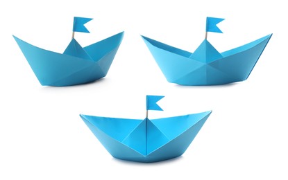 Light blue paper boats with flags on white background, collage