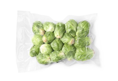 Vacuum pack of Brussels sprouts isolated on white, top view