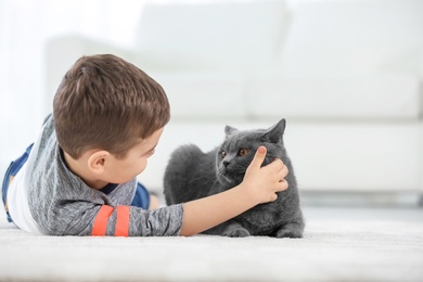 Cute little child with cat at home