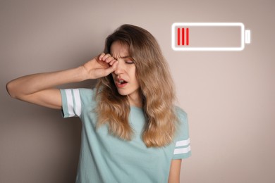 Image of Tired woman yawning and illustration of discharged battery on beige background