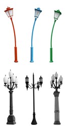 Beautiful street lamps on white background, collage