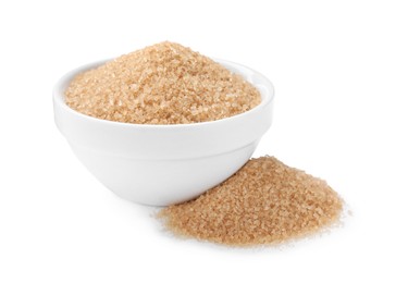 Photo of Brown sugar and bowl on white background