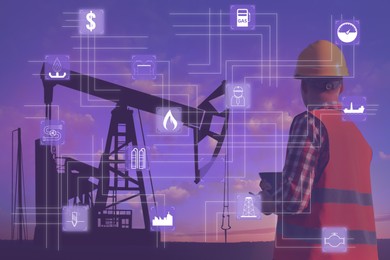 Professional engineer with clipboard, illustration of different icons and gas pumps silhouettes on background