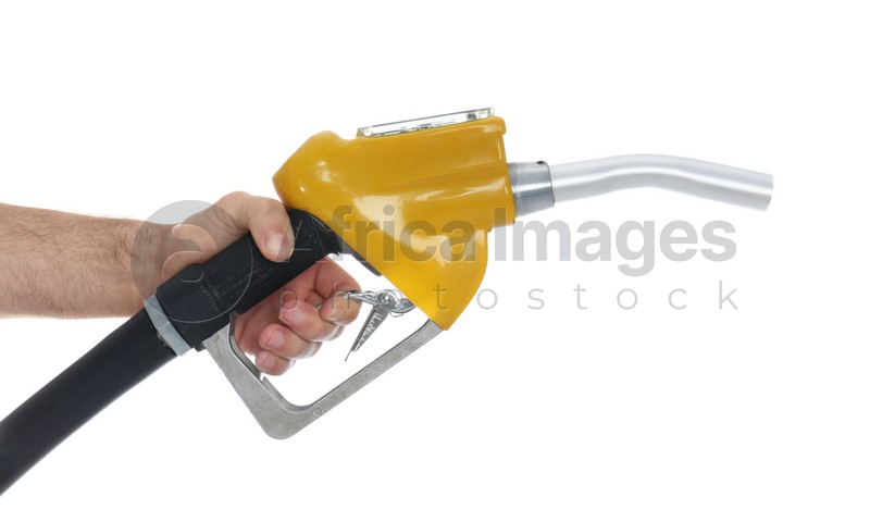 Gas station worker with fuel nozzle on white background, closeup