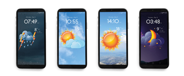 Set of smartphones with open weather forecast app on white background, top view. Banner design