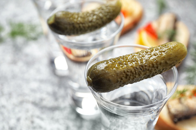 Cold Russian vodka with pickles on grey table, closeup