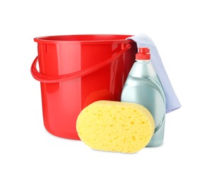 Red plastic bucket, bottle of detergent and cleaning tools on white background