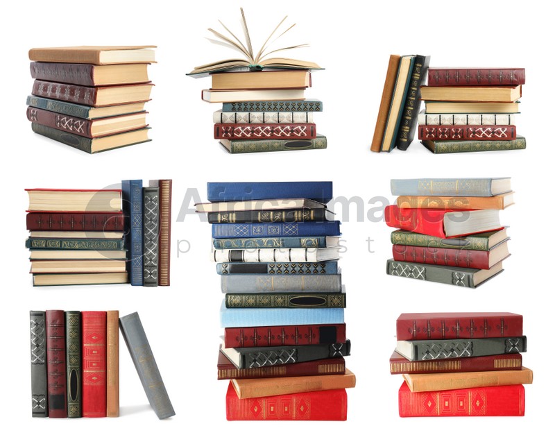 Collection of different hardcover books on white background