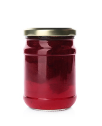 Glass jar with strawberry jam isolated on white. Pickling and preservation