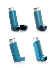 Image of Set with portable asthma inhalers on white background