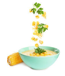 Collage with ingredients falling into bowl of corn soup on white background 