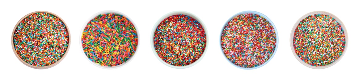 Set with colorful sprinkles on white background, banner design. Confectionery decor