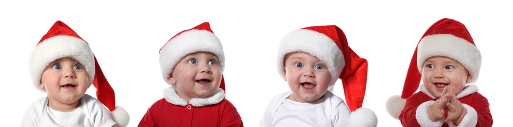 Collage with photos of cute baby on white background, banner design. First Christmas 