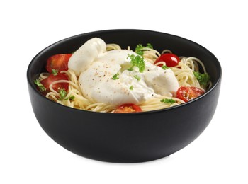 Delicious spaghetti with burrata cheese and tomatoes in bowl isolated on white