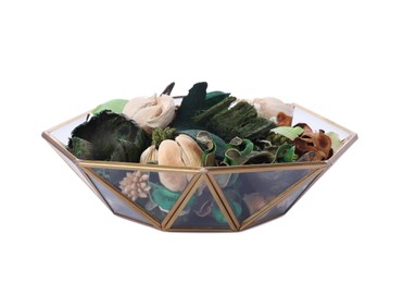 Photo of Polygonal bowl with scented potpourri isolated on white