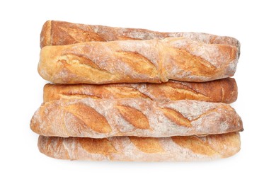 Crispy French baguettes on white background, top view. Fresh bread