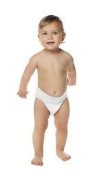 Cute baby in diaper learning to walk on white background