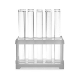Test tubes with transparent liquid in holder isolated on white