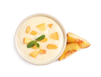 Delicious yogurt with fresh peach and mint on white background, top view