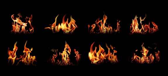 Collection of bright fire flames on black background. Banner design