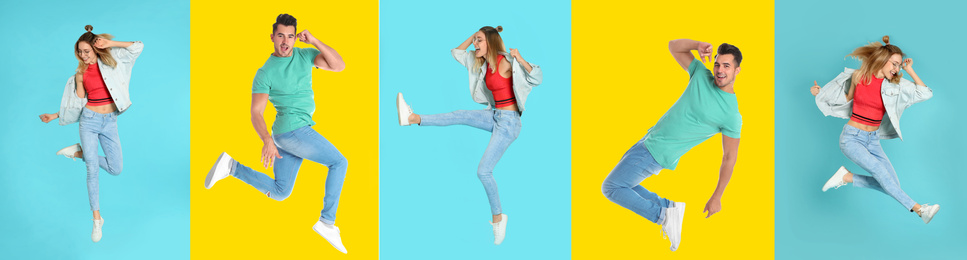 Image of Collage with photos of young people in fashion clothes jumping on different color backgrounds. Banner design