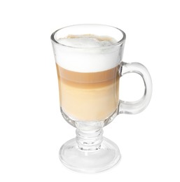 Glass of delicious latte macchiato on white background