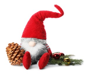 Funny Christmas gnome and festive decor on white background