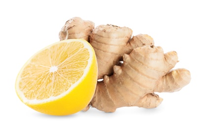 Fresh ginger root and lemon on white background