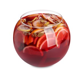 Glass bowl of aromatic punch drink isolated on white