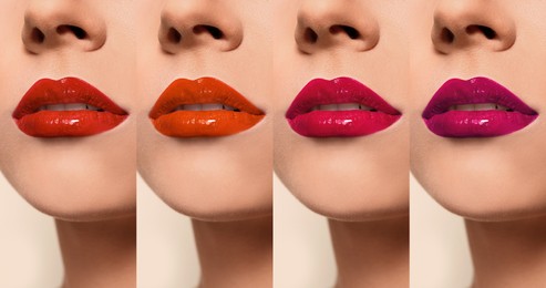 Collage with photos of young woman with different glossy lipsticks on light background, closeup. Banner design