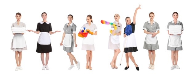 Collage with photos of chambermaids on white background. Banner design