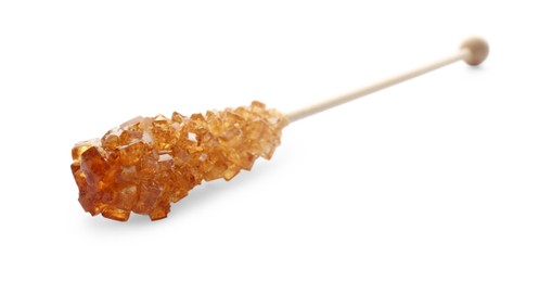 Photo of Wooden stick with sugar crystals isolated on white. Tasty rock candy