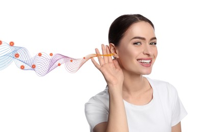 Happy beautiful woman and sound waves illustration on white background. Hearing concept