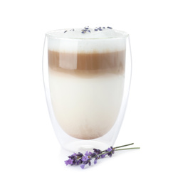 Delicious latte with lavender isolated on white