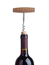 Opening bottle of wine with corkscrew on isolated background